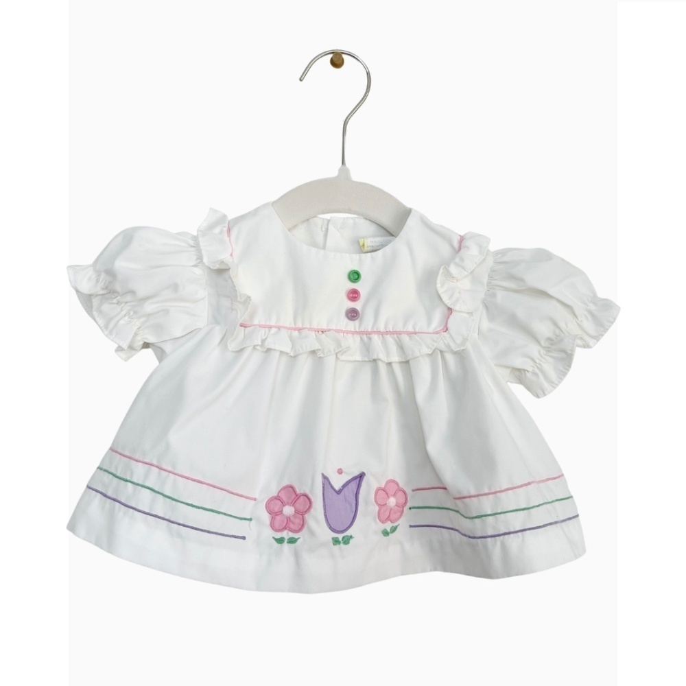 Vintage Baby Girls Puff Sleeve Embroidered Floral White Ruffle Dress 3 - 6 M